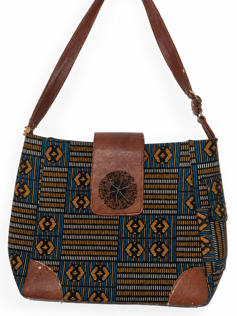 Geometric Print Shoulder Bag Blue Gold Brown Beaded Flap